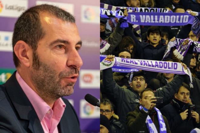 David Espinar, durante una comparecencia y la afición, en Zorrilla (Fotos: Real Valladolid y LaLiga).