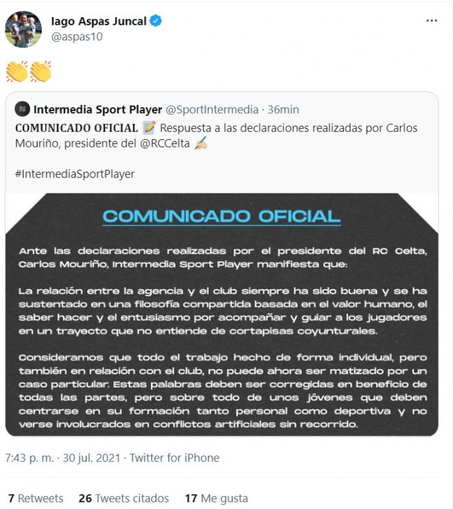 Captura de los tuits de Iago Aspas y Denis Suárez como respuesta al comunicado de Intermedia.