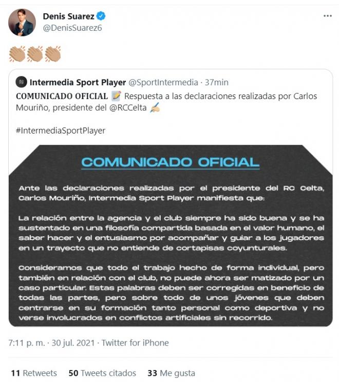 Captura de los tuits de Iago Aspas y Denis Suárez como respuesta al comunicado de Intermedia.