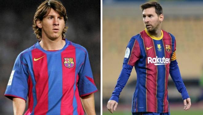 Leo Messi, en 2004 y 2021 con el Barcelona.
