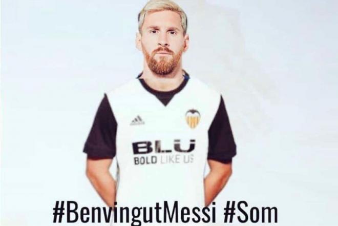 Messi, con la camiseta del Valencia CF.