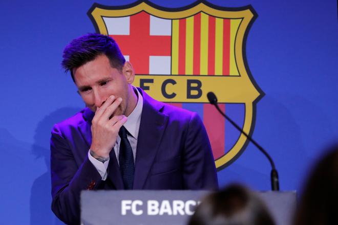 Leo Messi, llorando en su despedida (Foto: EFE).