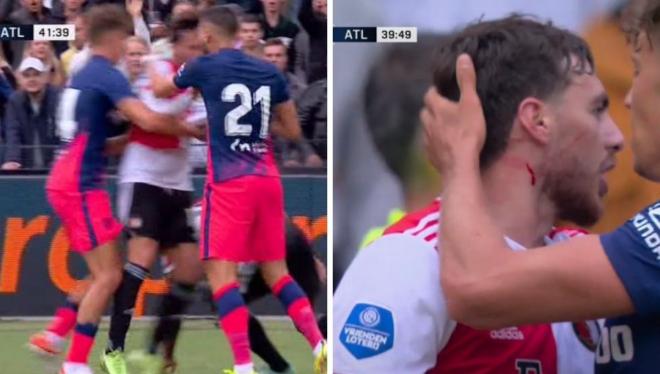 Simeone acudió primero a separar a Carrasco de los rivales tras su roja.