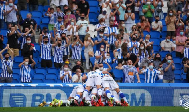 Los jugadores del Sanse celebran el gol ante el Leganés (Foto: RSO).