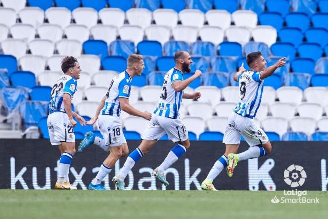 Los jugadores del Sanse celebran el gol de Karrikaburu al Leganés (Foto: LaLiga).