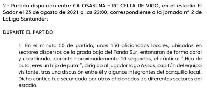 Extracto del documento de LaLiga que recoge los insultos a Iago Aspas en el Osasuna-Celta.