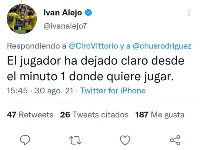 Mensaje de Iván Alejo en Twitter sobre su futuro y su posible llegada al Real Valladolid.