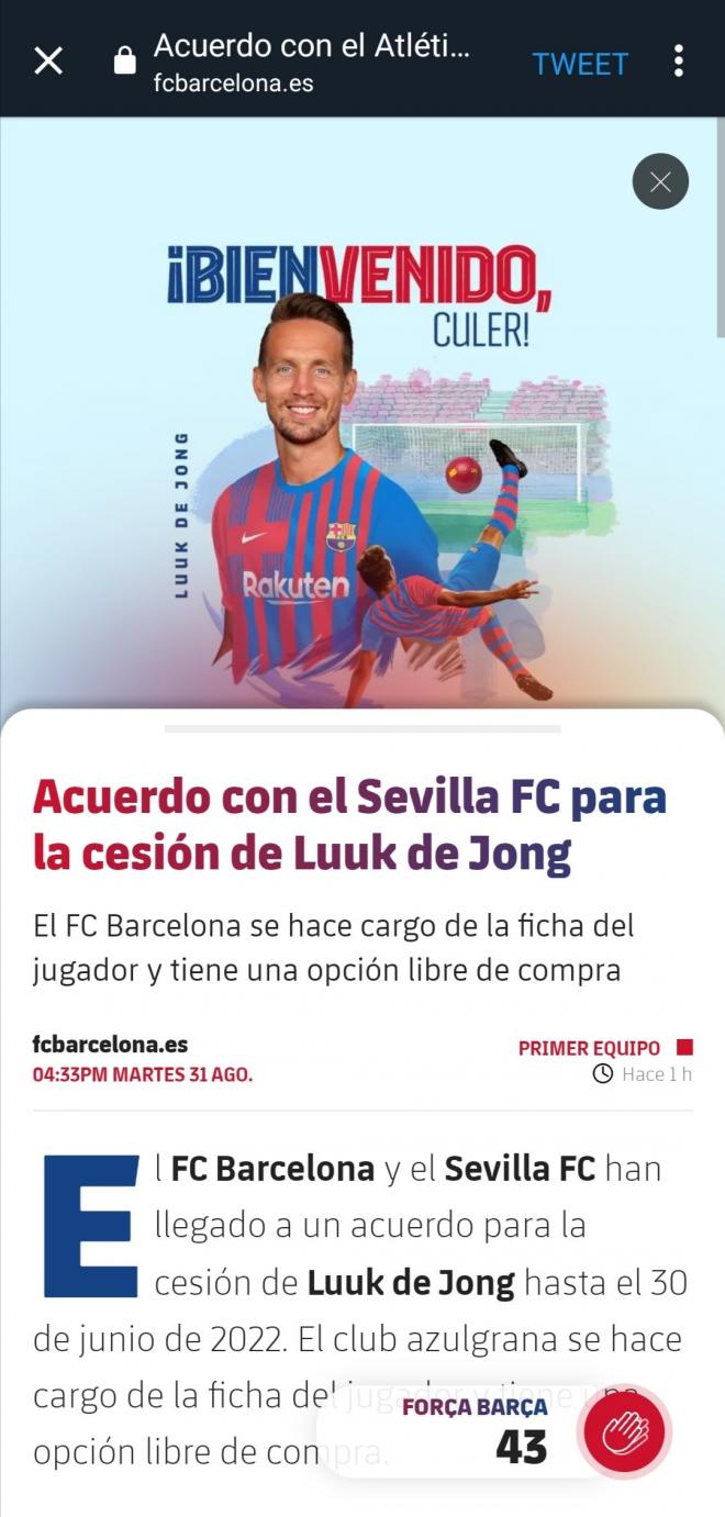 Comunicado borrado posteriormente de Luuk de Jong en la web del Barça.