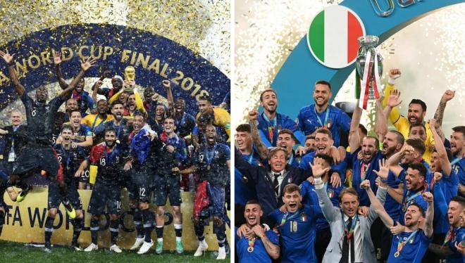 Francia, campeona del mundo de la FIFA en 2018 e Italia, de Europa en 2021.