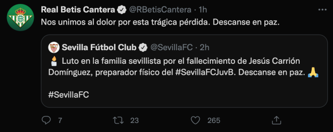 El Betis se une al pésame por el fallecimiento de Jesús Carrión.