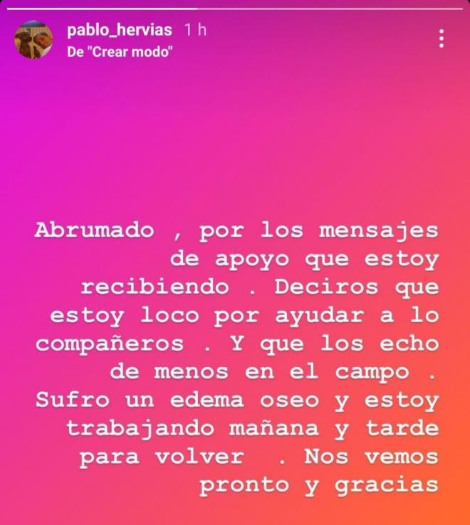 Historia de Instagram de Pablo Hervías agradeciendo el apoyo y explicando su lesión.
