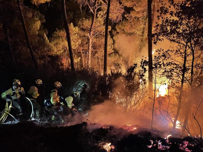 Bomberos del Infoca tratando de extinguir el fuego en Genalguacil (Foto: @MAHerreraGut).