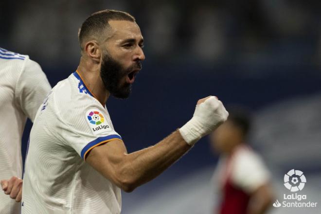 Karim Benzema celebra su gol al Celta de Vigo (Foto: LaLiga).