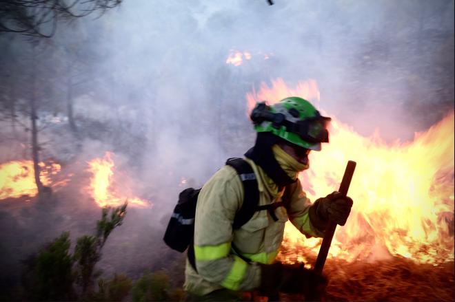 Un bombero lucha contra las llamas en el incendio de Jubrique.