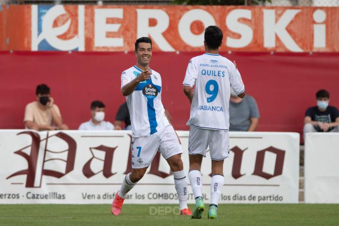 Quiles y Miku celebrando uno de sus goles con el Dépor (Foto: RCD).