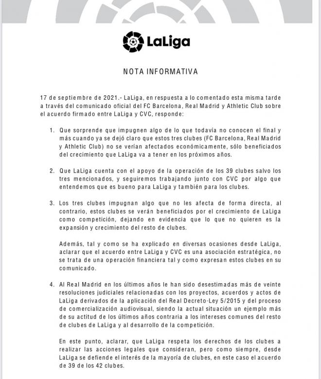 Comunicado de LaLiga sobre el acuerdo de CVC.