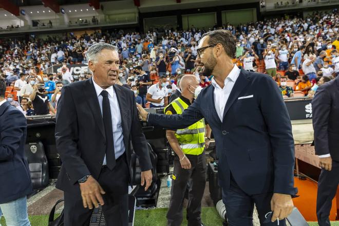 Bordalás y Ancelotti, en el Valencia CF - Real Madrid (Foto: Valencia CF).
