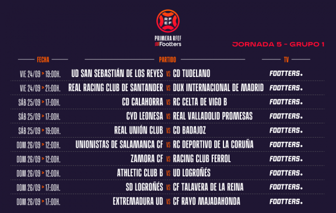 Horarios del grupo 1 de Primera RFEF en la jornada 5, cuando se disputará el Unionistas-Deportivo (Imagen: RFEF).