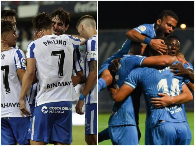 El Málaga y el Fuenla celebran un gol en esta temporada.