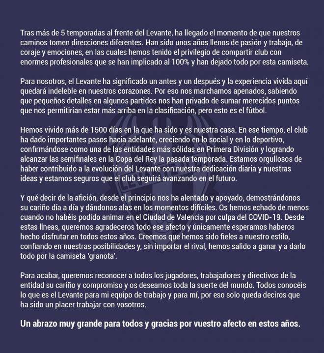 Carta de despedida de Paco López.
