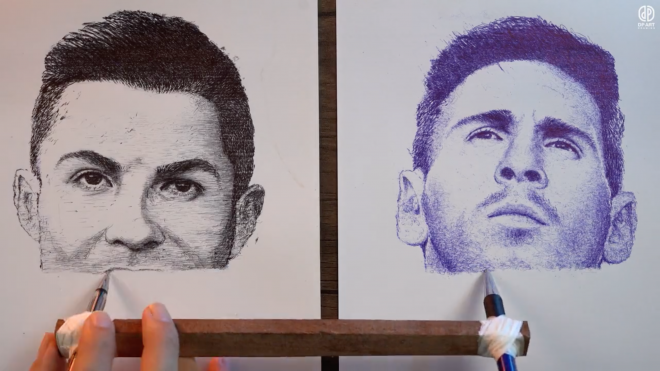 El artista vietnamita DP Trương dibuja las caras de Messi y Ronaldo al mismo tiempo y con una sol
