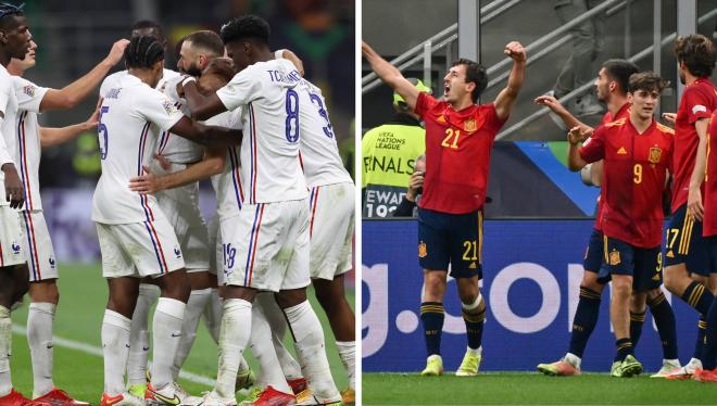 Jugadores de Francia y España celebran los goles (Fotos: CordonPress).