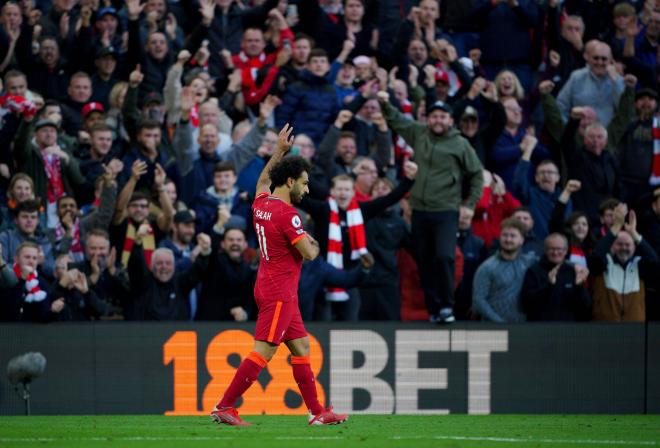 Salah celebra un gol con el Liverpool (Foto: Cordon Press).