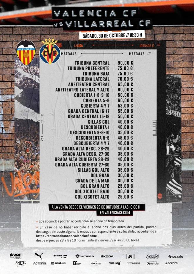 Los precios de las entradas ante el Villarreal (Valencia CF).
