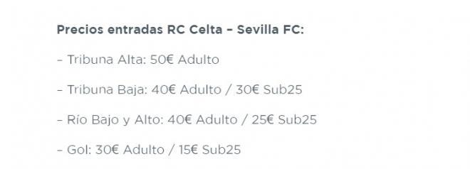 Precios de las entradas del Celta-Sevilla.