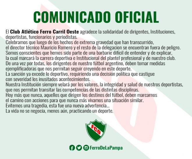 Comunicado de Ferro tras el ataque al entrenador Mauricio Romero.