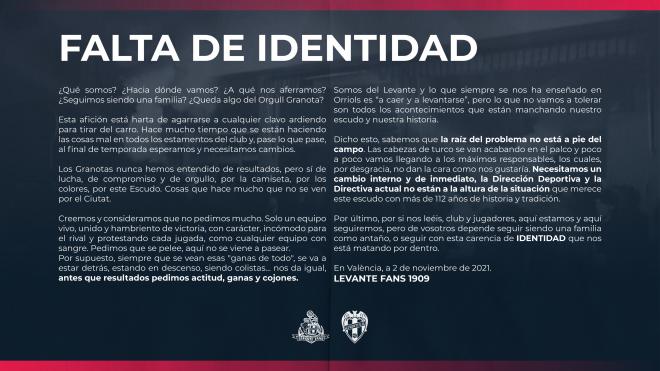 Comunicado de Levante Fans sobre la situación del equipo.