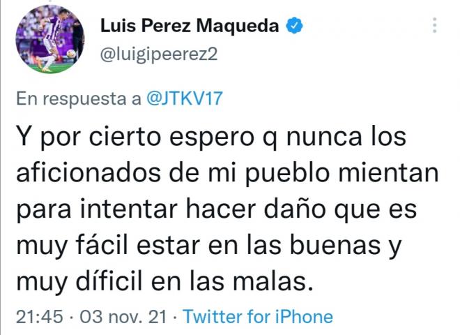 Luis Pérez contesta a varios aficionados en Twitter.