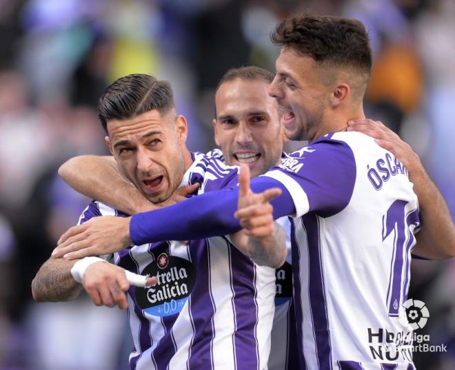 Sergio León, Nacho y Plano celebran el 1-0.