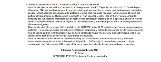Acta arbitral del Dépor-Extremadura que no se ha llegado a disputar.
