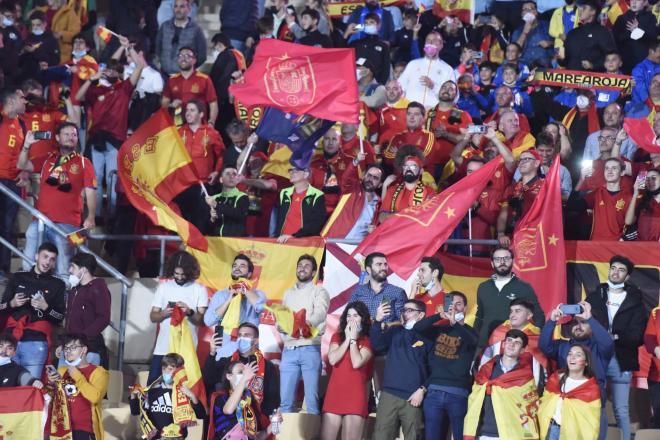 Afición española en el estadio de La Cartuja durante el España-Suecia (Foto: Kiko Hurtado).