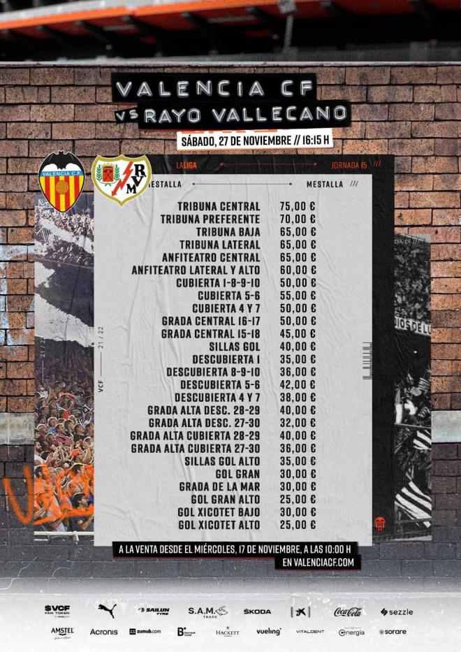 Los precios del Valencia CF para la visita del Rayo Vallecano a Mestalla.
