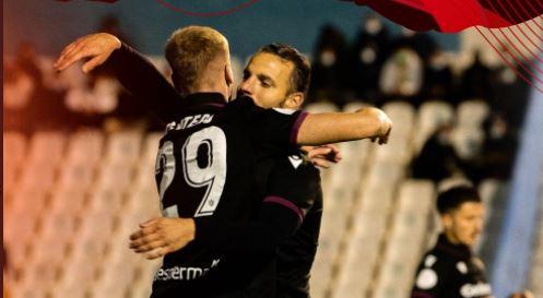 Soldado y Cantero celebran un gol ante el Huracán Melilla. (Foto: Levante UD)