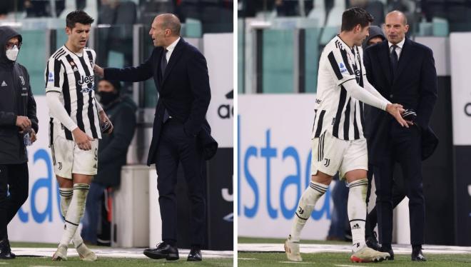 Álvaro Morata y Massimiliano Allegri discuten durante el Juventus-Génova (Fotos: Cordon Press).