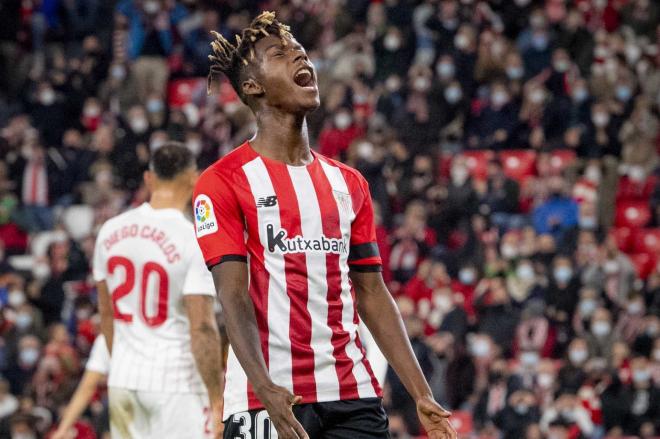 Lamento de Nico Williams ante el Sevilla en San Mamés (Foto: Athletic Club).