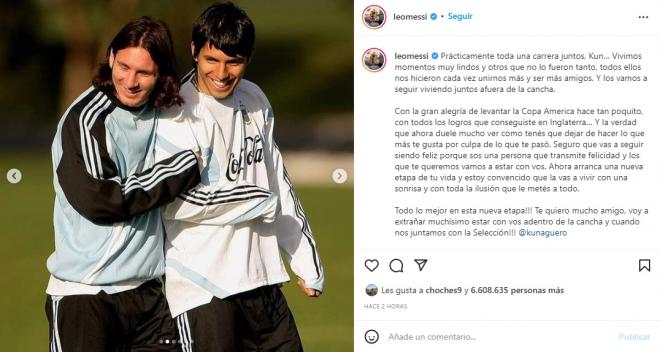 El mensaje de Leo Messi a Agüero en Instagram.