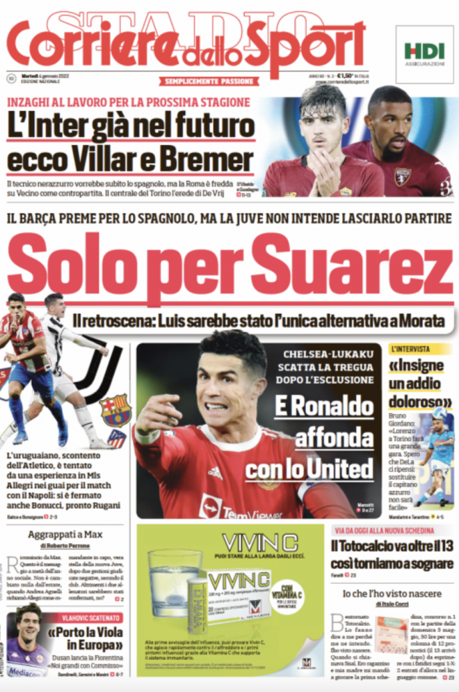 La portada del Corriere dello Sport con Álvaro Morata y Luis Suárez.