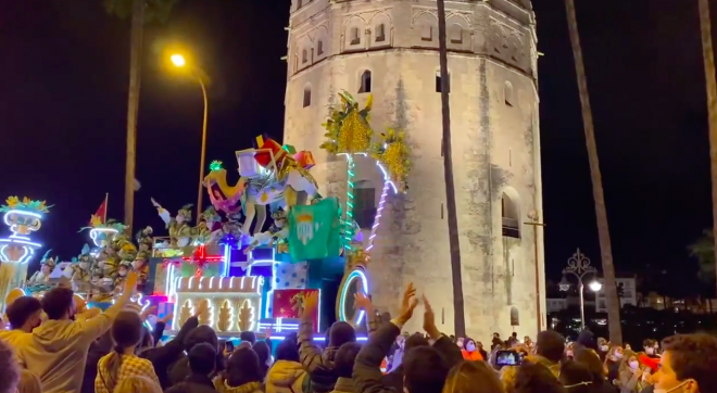 La bandera del Betis, presente en la Cabalgata de Los Reyes Magos en años anteriores.