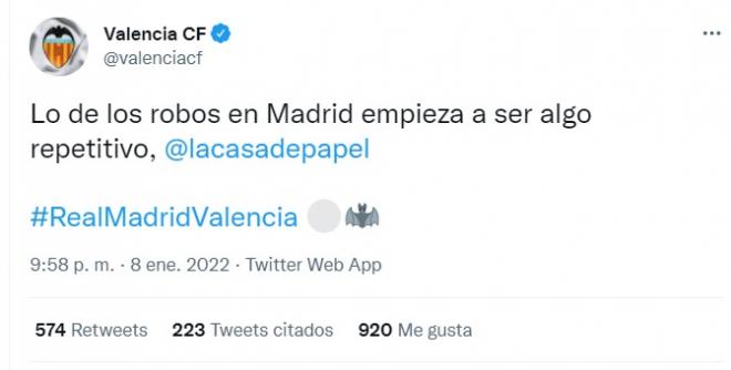El polémico tuit del Valencia sobre el 