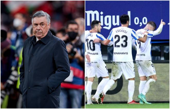 Carlo Ancelotti y los jugadores del Málaga celebrando un gol.