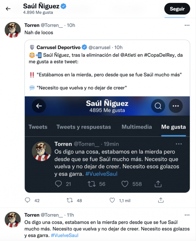 Los 'me gustas' de Saúl Ñíguez en Twitter sobre su regreso al Atlético de Madrid.