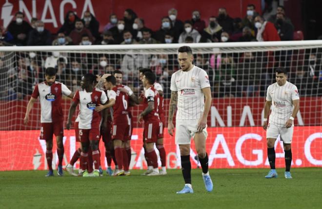 Celebración de uno de los goles celestes durante el Sevilla-Celta en el Ramón Sánchez Pizjuán (