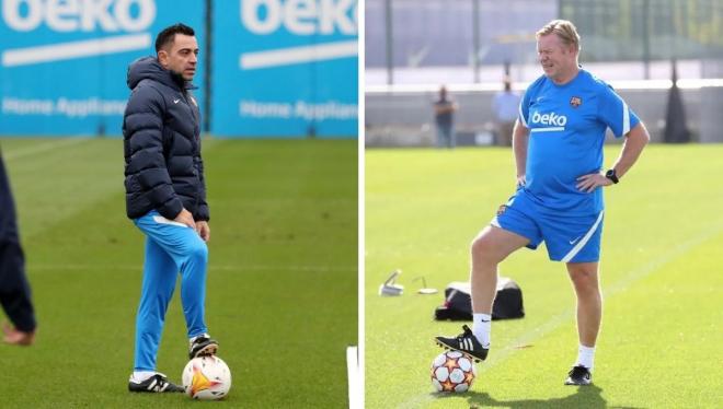 Xavi Hernández y Ronald Koeman, en sendos entrenamientos con el Barcelona.