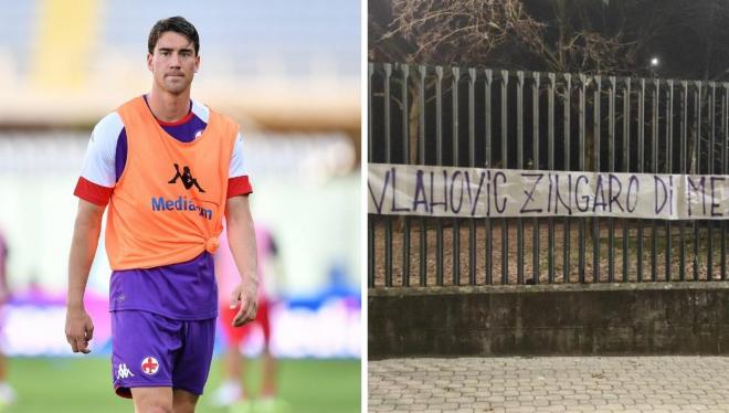 Pancartas contra Dusan Vlahovic de los hinchas de la Fiorentina.