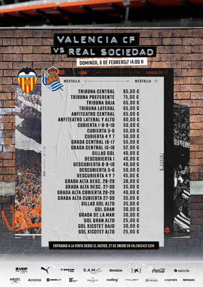 El precio de las entradas del Valencia CF - Real Sociedad.