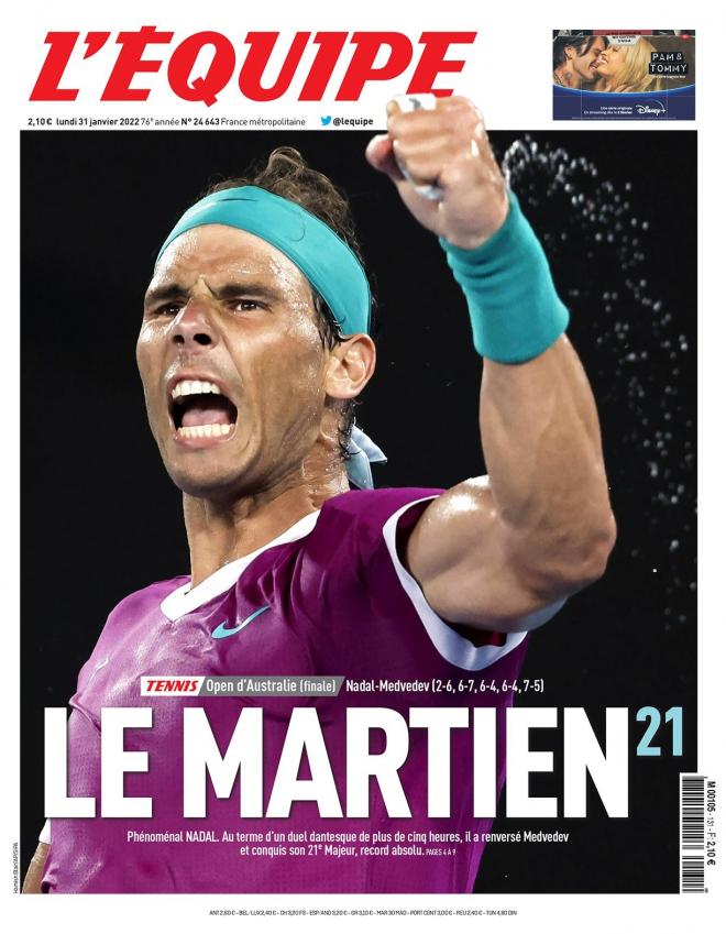 La portada de L'Equipe con Rafa Nadal tras ganar su 21 Grand Slam.